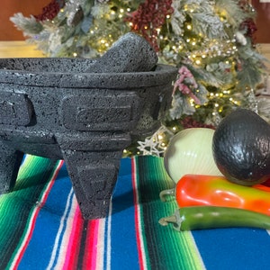 Large 9in Stone mortar and pestle. Molcajete volcanic rock. Hand carved Josmar Original Aztec design. Guacamole bowl. Housewarming gift.