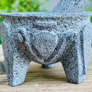 Miniature Molcajete, Beautifully Hand Carved Folk Art Flower Molcajete. Stone Mortar and Pestle. Small.