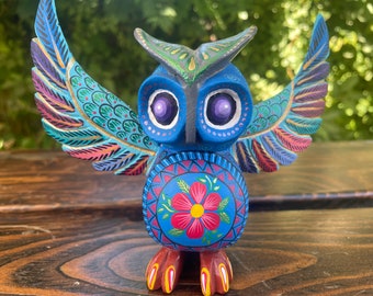 フクロウ　オブジェ　ハンドメイド陶器　スイスJacob Gelzerアートピース Alebrije Owl Large Signed – Hand Carved Oaxaca Wood Folk Art