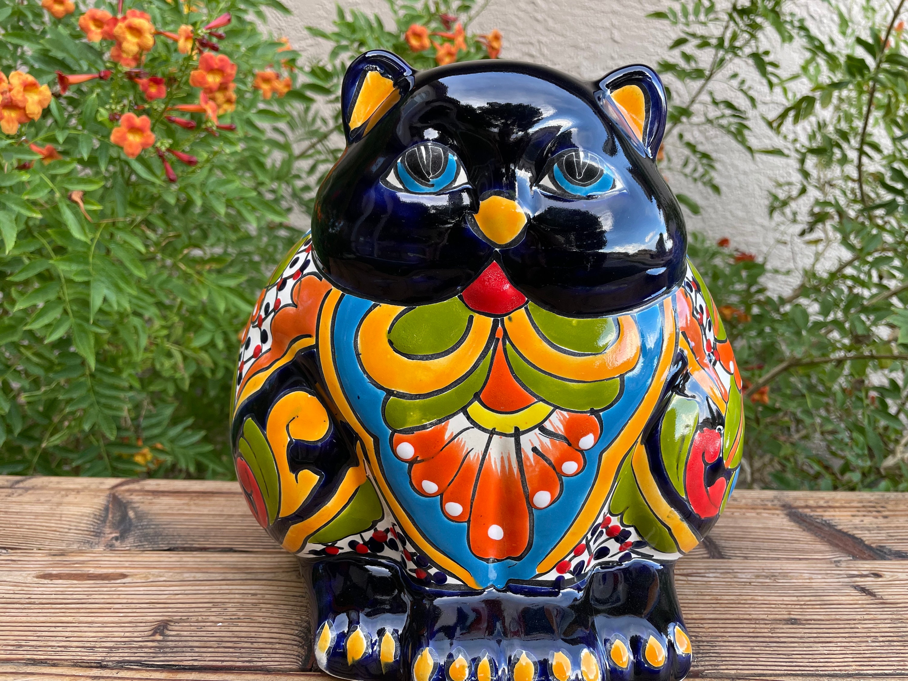 Large Talavera Fat Cat Planter. Handmade Mexican Pottery. Ceramic