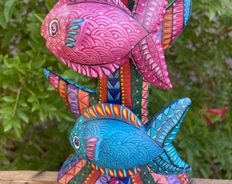 Alebrije Fish Sculpture Large – Hand Carved Oaxaca Wood Folk Art Signed
