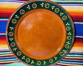 14 in Large Mexican barro hand painted charger plate / serving platter /  Clay / terra-cotta.  green accent... Casa Garza Collection