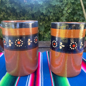 Set of 2, 40 oz Mexican Hand Painted Clay Mug / barro / tarro / coffee mug / hot chocolate / tea... Casa Garza Collection