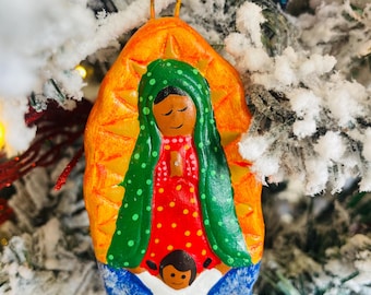 Barro Virgen de Guadalupe Christmas Ornaments.  Hand Painted Clay Ornament. Vivid Colors!  Esferas Navideñas