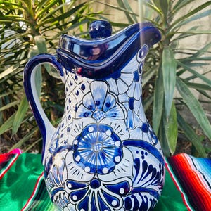 Elegant 3.25 L Authentic Talavera Pitcher with Lid Handmade Mexican pottery. LEAD FREE.  High Quality Puebla Style Talavera Water Jug.