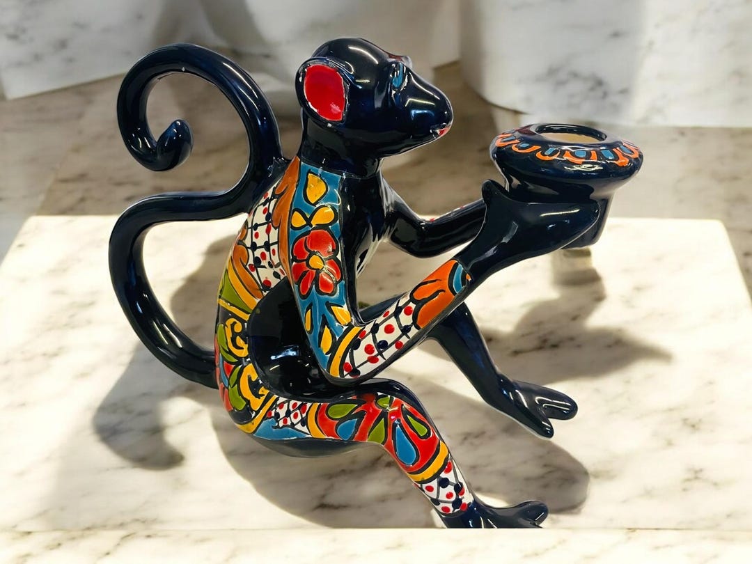 Ex Large Elegant Talavera Monkey Candle Holder. Talavera Monkey