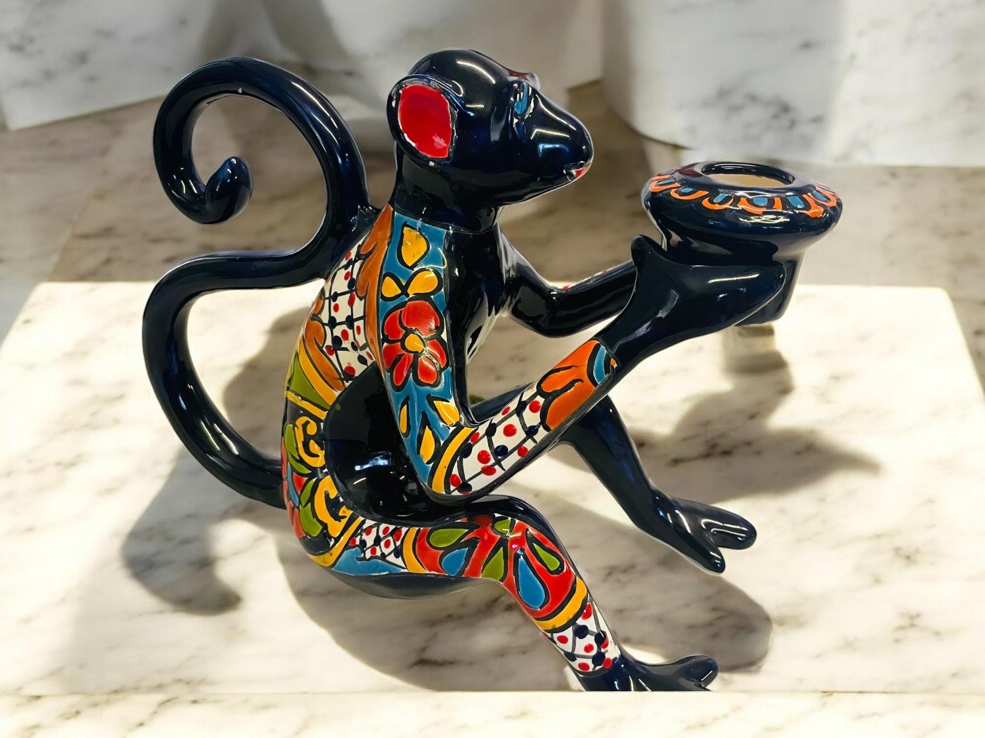 Ex Large Elegant Talavera Monkey Candle Holder. Talavera Monkey