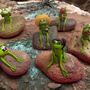 Frog on a Rock.  Hand crafted Clay Frogs.  Miniature Frog Figurine.  Rock Garden. Garden art. Yard Decor.  Fun gift.