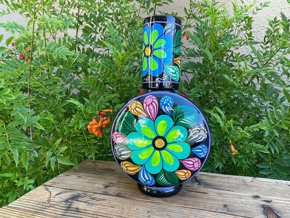 Mexican Clay Cántaro Set – Large Hand Painted Water Jug With Cup