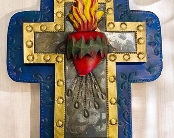Large 3D Sacred Heart Punched Tin. Cross, Sagrado Corazón, Catholic Wall Art,