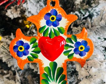 Large Tin Cross Christmas Ornaments, Hand Painted Mexican Christmas Ornaments.  Hand Painted Metal Cross. Vivid Colors! Esferas Navideñas