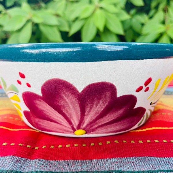 Mexican barro hand painted  bowl / Mexican Clay / terra-cotta / small serving bowl / pozole bowl / green accent / salad bowl