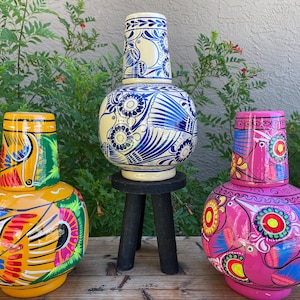 Large Cántaro Set, Beautifully Hand Painted Mexican Folk Art Large Clay Water Jug with Mug 3.5L / Carafe / Botellón/ Barro