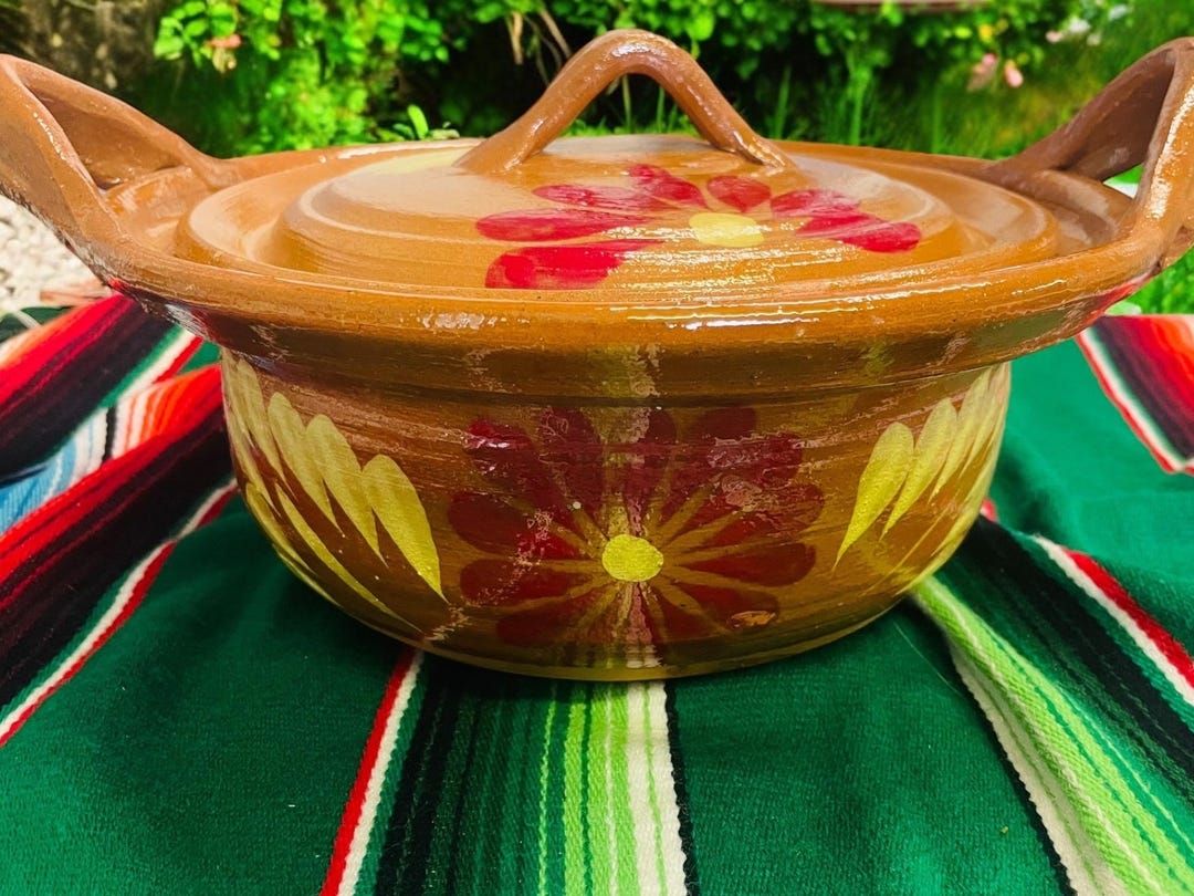 Mexican Handmade Cazuela With Lid/ Clay Baker Hand Painted Terra