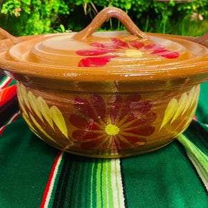 Mexican handmade cazuela with lid/ clay baker / hand painted terra-cotta/clay/ barro bean pot /rustic rice pot