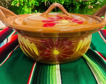 Mexican handmade cazuela with lid/ clay baker / hand painted terra-cotta/clay/ barro bean pot /rustic rice pot