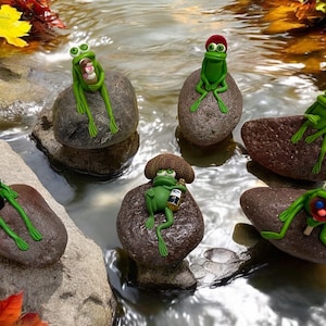 Frog on a Rock.  Hand crafted Clay Frogs.  Miniature Frog Figurine.  Rock Garden. Garden art. Yard Decor.  Fun gift.