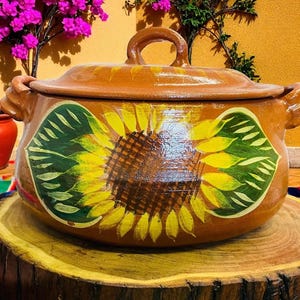 Extra Large Cazuela Mexican Barro 8qt, handmade cazuela with lid, soup pot, rice pot, hand painted clay, Authentic Mexican  bean pot