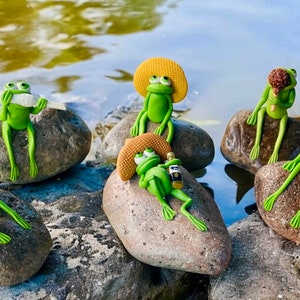 Frog on a Rock.  Hand crafted Clay Frogs.  Miniature Frog Figurine.  Rock Garden. Garden art. Yard Decor.  Fun gift.