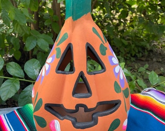Tall Barro Jack-O-Lantern, Hand Painted Luminaria,  Halloween decor, Clay Pumpkin