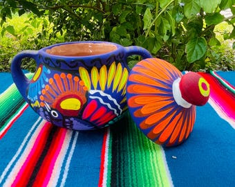 Colorful Handpainted Sugar Bowl. Folk Art Hand Painted Bird. Colorful hand painted clay figurine.  Matte