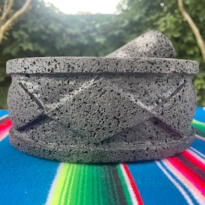 Housewarming Gift. Aztec inspired stone mortar and pestle. Molcajete volcanic rock. Hand carved designs. Guacamole bowl Herb grinding tool