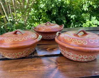 2 qt Rusric Mexican cazuela with lid hand made/ pot / hand painted terra-cotta/clay/ barro Bean pot