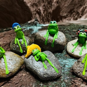 Frog on a Rock.  Hand crafted Clay Frogs.  Miniature Frog Figurine.  Rock Garden. Garden art. Yard Decor.  Fun gift.