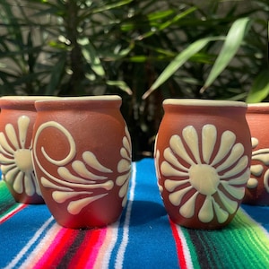 Tequila Shot Glasses, Barrel Shooters, Hand Painted Jarrito Embroidery Design, Brown and White shot glasses set of 2 Cielito Lindo Inspired