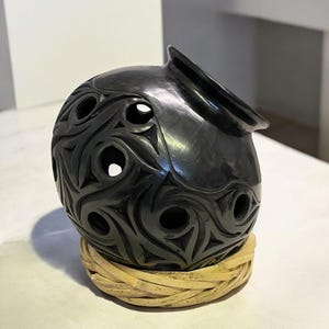 Elegant Barro Negro Luminaria.  Decorative Round Vase with Base. Made in Mexico. Black Clay. Oaxaca