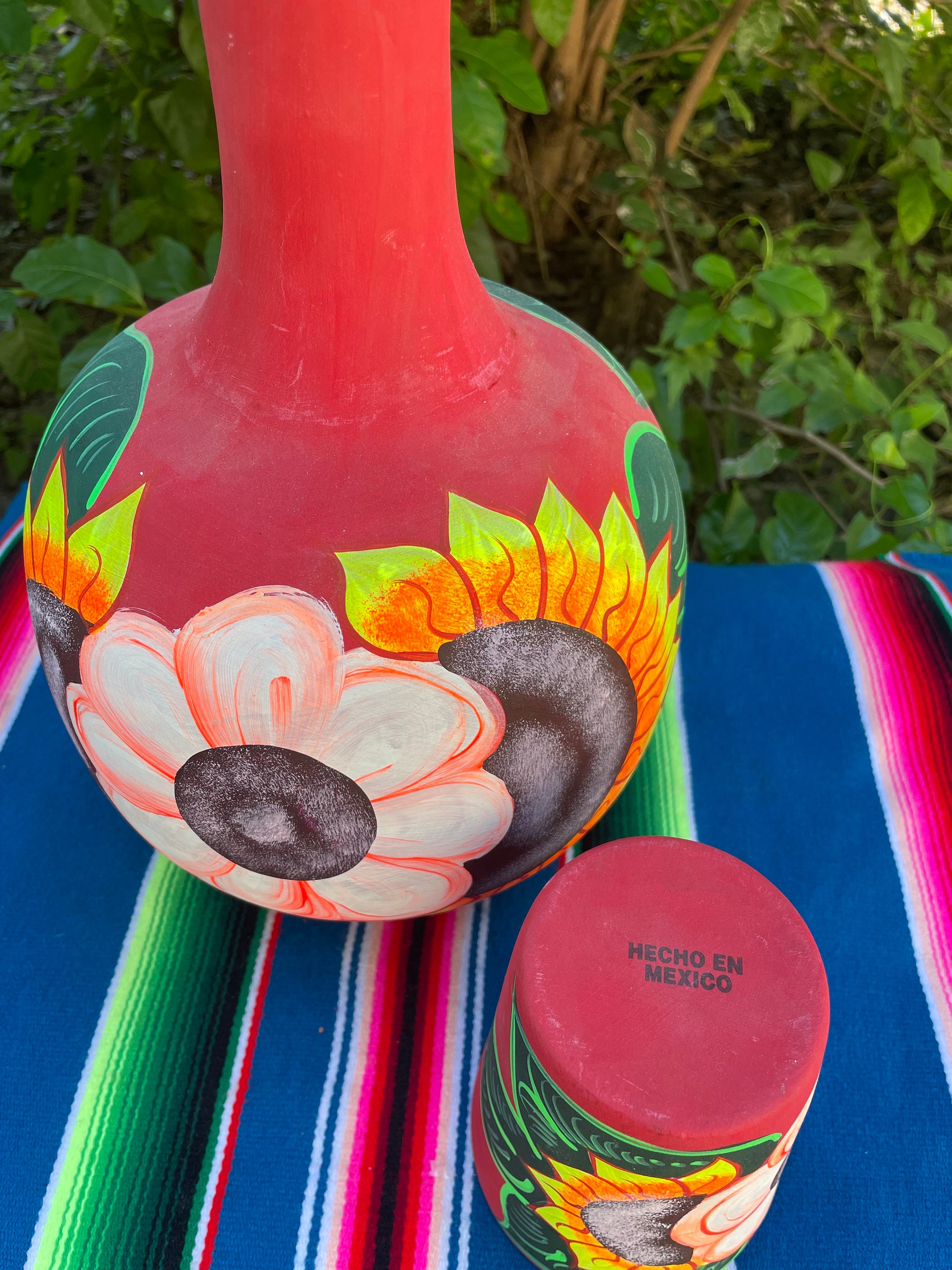 Large Cántaro Set Mexican Hand Painted Clay Water Jug With Mug