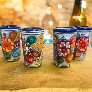 Tall Talavera Shot Glasses, Mexican Tequila Shooter Set, Hand Painted Floral Design, Colorful shot glasses set of 4. High Quality Talavera