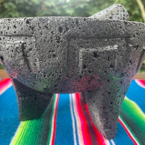 Housewarming Gift. Aztec inspired stone mortar and pestle. Molcajete volcanic rock. Hand carved designs. Guacamole bowl Herb grinding tool
