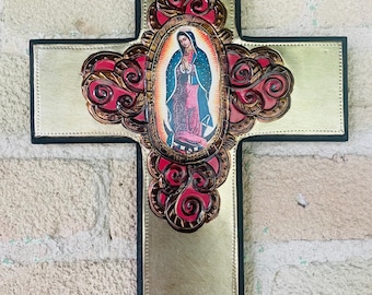 Large Virgin of Guadalupe Punched Tin and Wood Cross Catholic Wall Art, Virgen María , Virgen Morena, la Guadalupana, Virgen de Guadalupe.