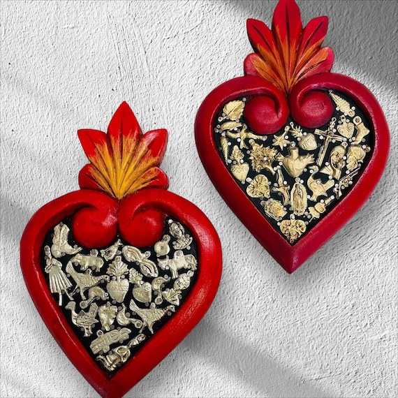 Milagro Heart Wall Art Flaming Sacred Heart – Mexican Folk Art Tin