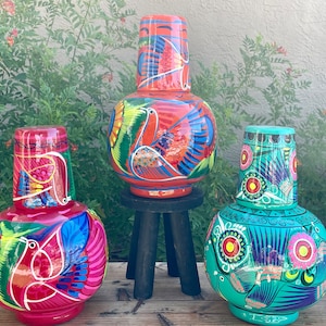Large Cántaro Set, Beautifully Hand Painted Mexican Folk Art Large Clay Water Jug with Mug 3.5L / Carafe / Botellón/ Barro