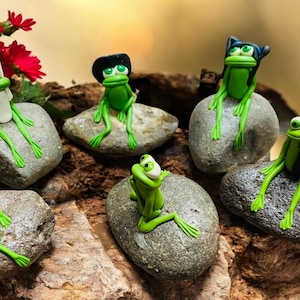 May include: A collection of whimsical green frog figurines, each perched on a gray stone. Some frogs wear hats or accessories, including a nurse's cap. The scene is set against a blurred background with red flowers.