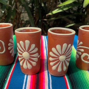 Talavera Shot Glasses, Mexican Tall Shooters, Hand Painted Embroidery Design, Brown and White shot glasses set of 2 Cielito Lindo Inspired