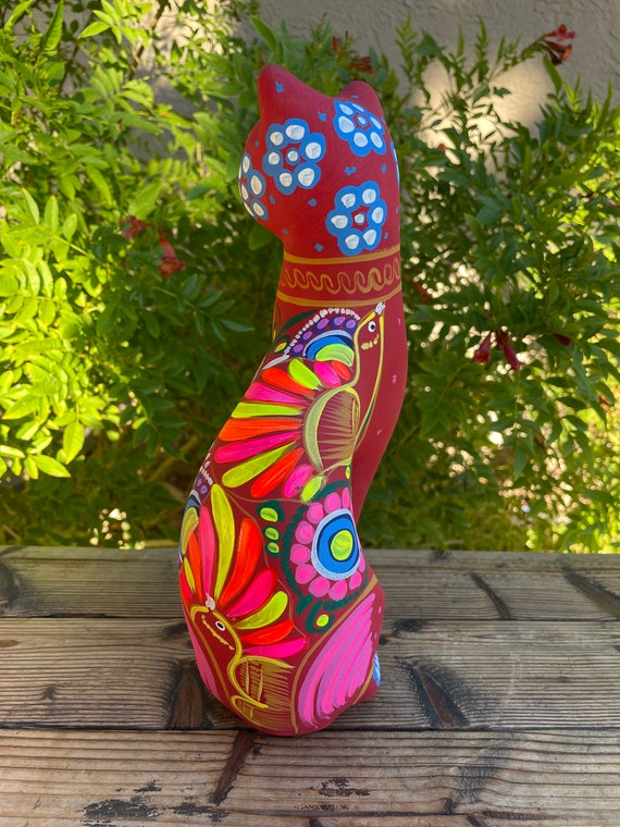 Hand Painted Stretched Cat , Mexican Folk Art Colorful Hand