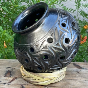 LARGE Beautiful Handmade Hand carved Barro Negro Luminaria.  Made in Mexico. Black Clay. Oaxaca