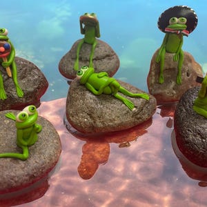 Frog on a Rock.  Hand crafted Clay Frogs.  Miniature Frog Figurine.  Rock Garden. Garden art. Yard Decor.  Fun gift.