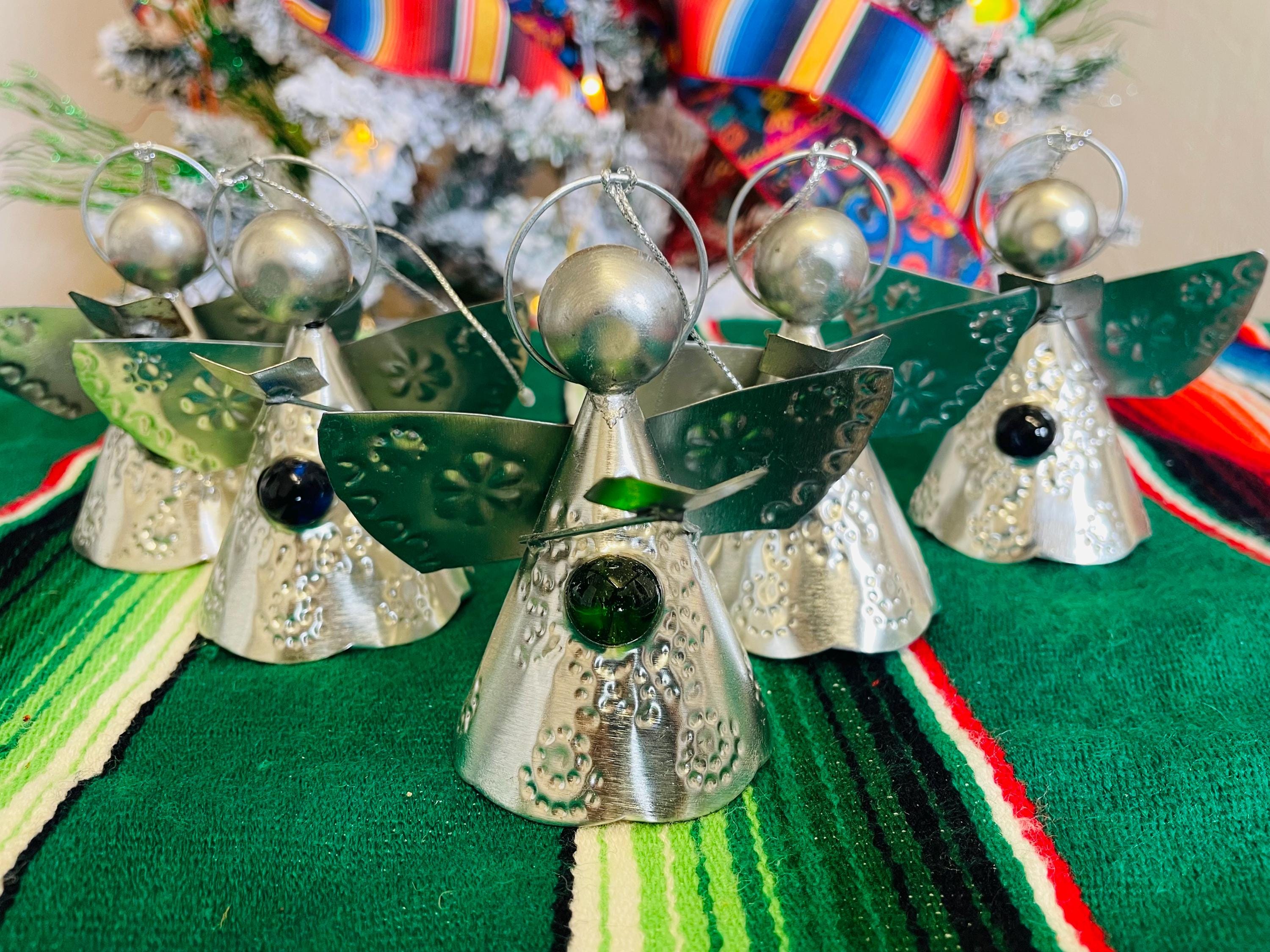 Punched Tin Angel Christmas Ornament with Glass Marble Accent,  Handmade Mexican Punched Tin Christmas Ornament.  Esferas Navideñas