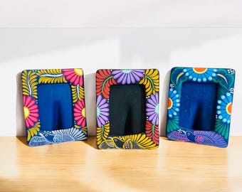 Colorful Hand Painted Picture Frame, 5x7 Clay Frame Mexican Folk Art, Vivid Colors , Flower and Bird Picture Frame