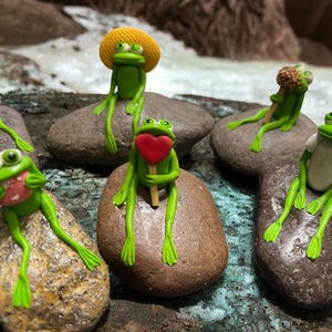 Frog on a Rock.  Hand crafted Clay Frogs.  Miniature Frog Figurine.  Rock Garden. Garden art. Yard Decor.  Fun gift.
