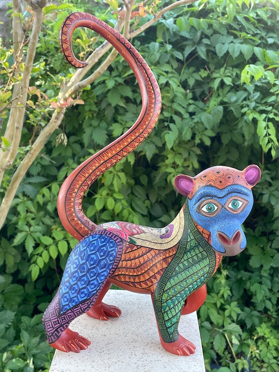 Alebrije Frida Monkey, Large Hand Painted Wood Carving From Oaxaca