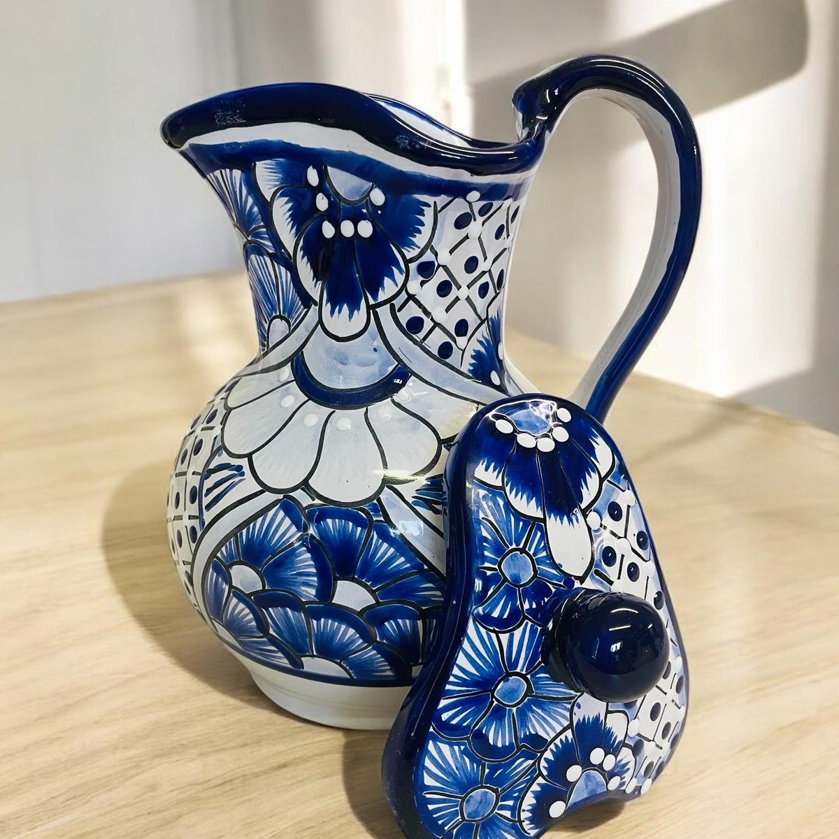 Authentic Talavera Water Pitcher With Lid Handmade Mexican Pottery.