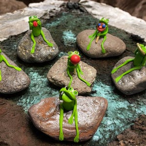 Frog on a Rock.  Hand crafted Clay Frogs.  Miniature Frog Figurine.  Rock Garden. Garden art. Yard Decor.  Fun gift.