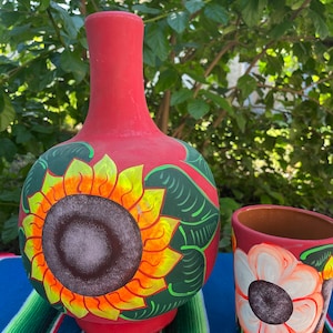 Large Cántaro Set  Mexican Hand Painted Clay Water Jug with Mug 3.25 L / Carafe / Botellón
