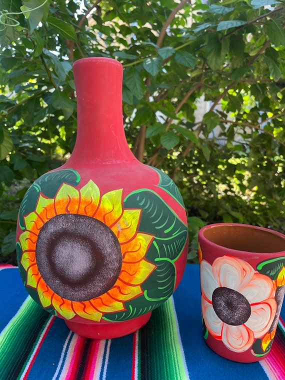 Large Cántaro Set Mexican Hand Painted Clay Water Jug With Mug