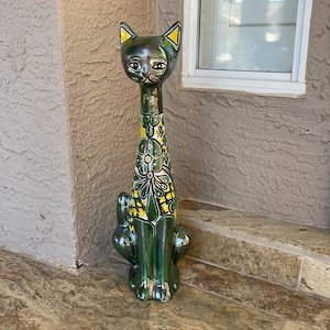 Elegant 19in Talavera Slender Cat Sculpture.  Handmade Mexican pottery. Ceramic Home Art